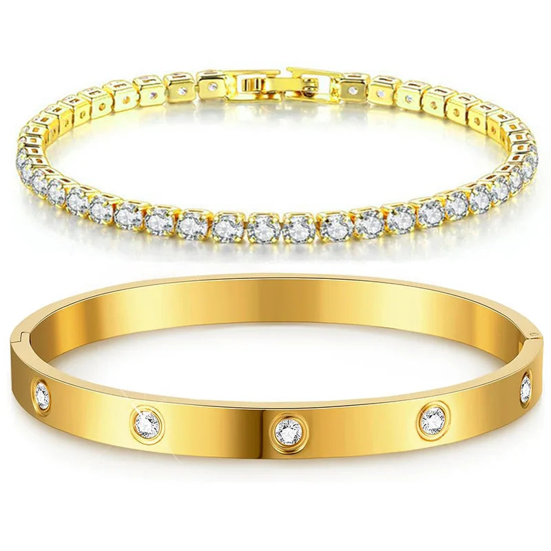 Tennis Chain Bracelet Cuff Set
