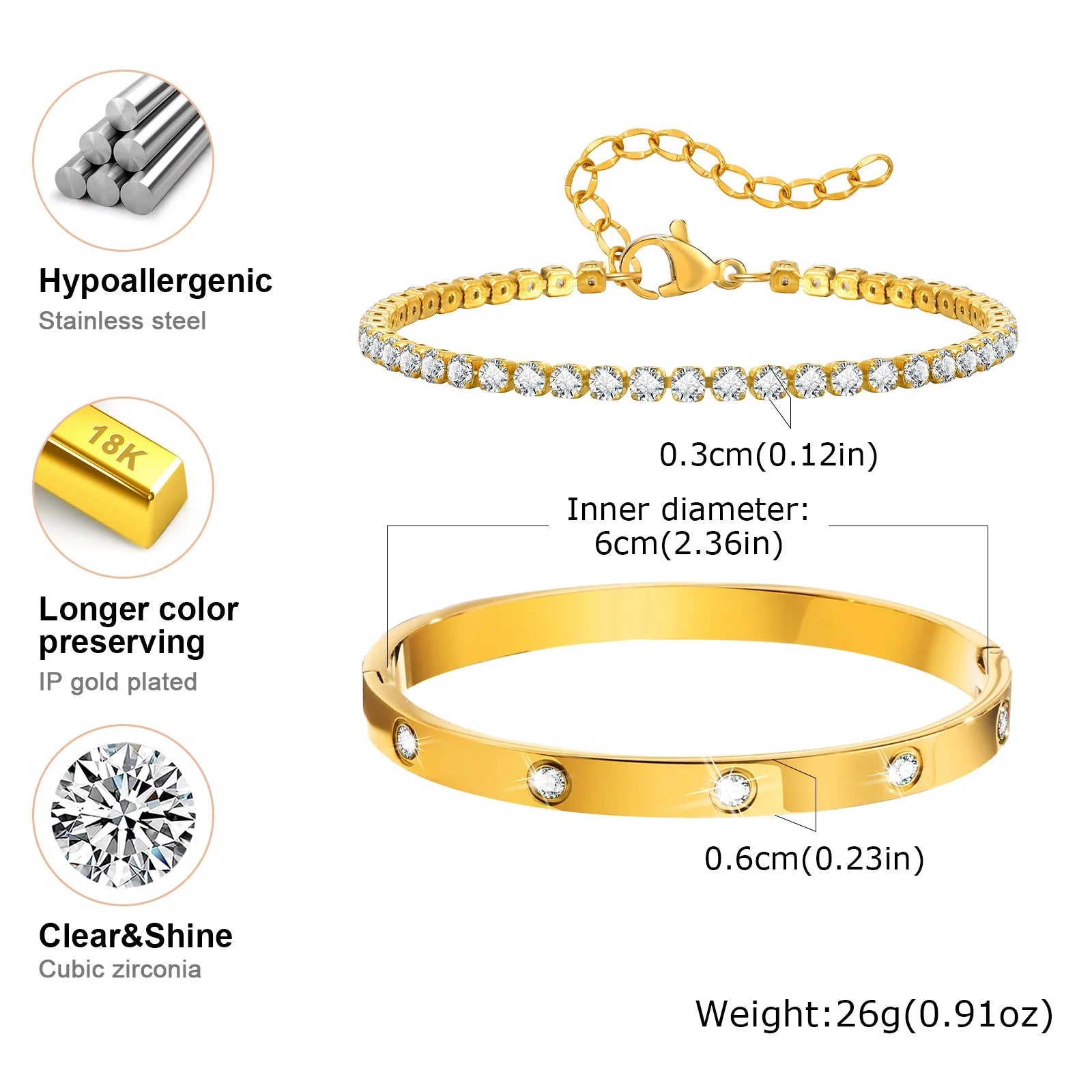 Tennis Chain Bracelet Cuff Set