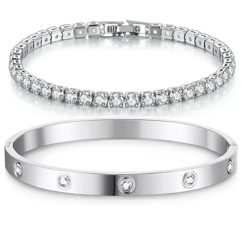 Tennis Chain Bracelet Cuff Set